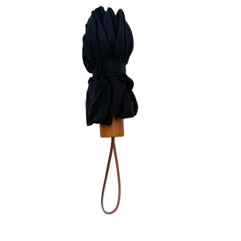 Saks Fifth Avenue Vintage Folding Umbrella Black Wood Handle Leather Strap